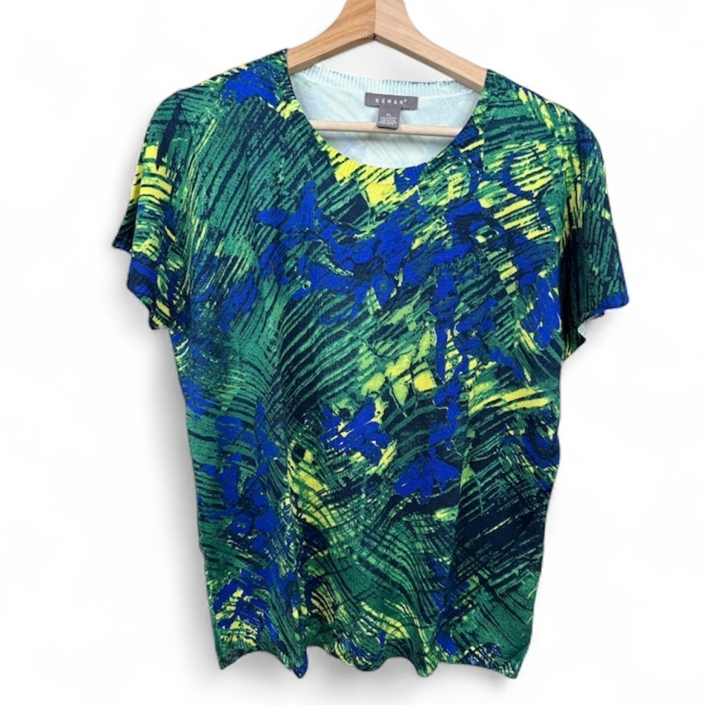 KENAR Blue Green Silk Blend Daphne Knit Top Sz XL Multicolor Print Short Sleeve